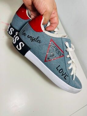 Guess Light Blue Denim Sneakers with Red Heel Detaily Sz 8